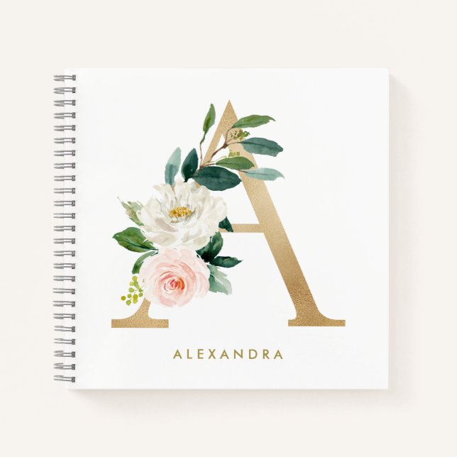 Faux Gold Foil Pretty Floral Letter A Monogram Notebook (Front)