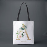 Faux Gold Foil Pretty Floral Letter A Monogram Tote Bag<br><div class="desc">Feminine and elegant floral tote bag  featuring watercolor illustrations of flowers,  greenery and faux foil monogram. Personalise by adding a name or short phrase. This monogram floral tote bag will be perfect as a personalised gift.</div>