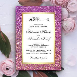 Faux Gold Foil Purple Glitter Islamic Wedding Invitation