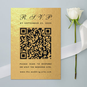 Faux Gold Foil QR Code Black Script Luxury Wedding RSVP Card