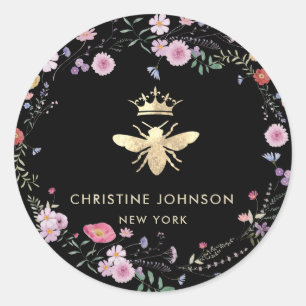 faux gold foil queen bee wildflowers classic round sticker