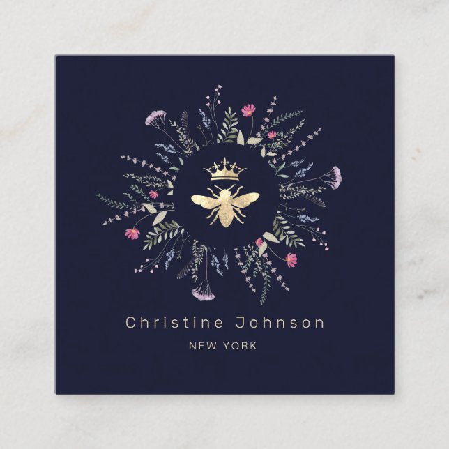 faux gold foil Queen Bee wildflowers frame Square Business Card (Front)