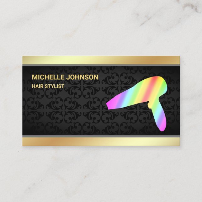 Faux Gold Foil Rainbow Hair Dryer Hair Stylist Business Card (Front)