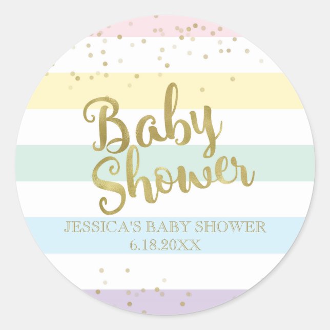 Faux Gold Foil Rainbow Stripes Baby Shower Favour Classic Round Sticker (Front)
