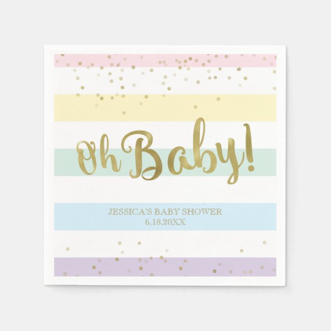 Faux Gold Foil Rainbow Stripes Oh Baby Shower Napkin (Front)