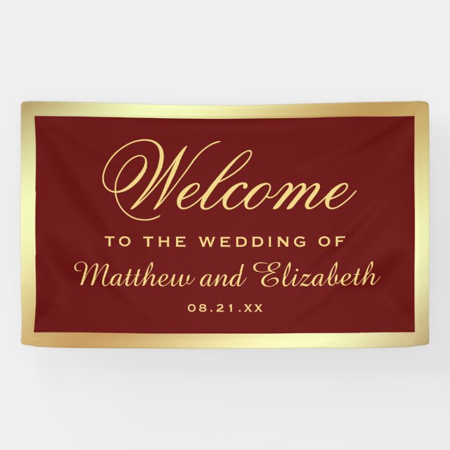Faux Gold Foil Red Wedding Welcome Banner (Horizontal)