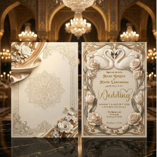 Faux Gold Foil & Satin Illusion Baroque Swans Invitation