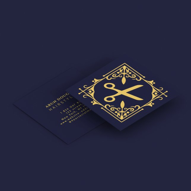 Faux Gold Foil Scissors Hairstylist Navy Blue Square Business Card (Creator Uploaded)