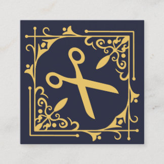 Faux Gold Foil Scissors Hairstylist Navy Blue Square Business Card