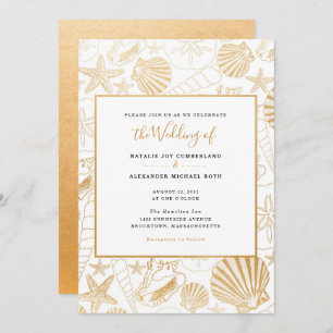 Faux gold foil sea shell wedding, beach theme invitation