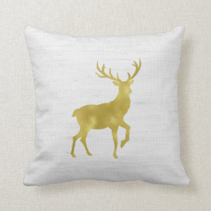 Faux Gold Foil Stag Deer and Antlers on Grey Linen Cushion