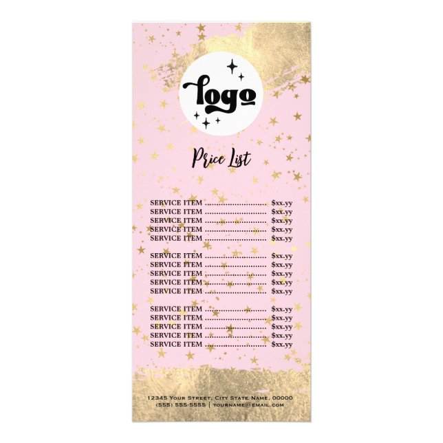 faux gold foil stars beauty salon price list  rack rack card (Front)