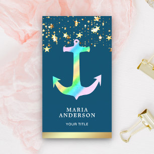 Faux Gold Foil Stars Confetti Blue Rainbow Anchor Business Card