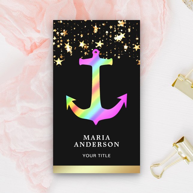 Faux Gold Foil Stars Confetti Rainbow Anchor Business Card (Creator Uploaded)