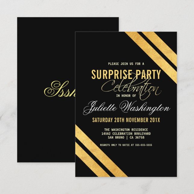 Faux Gold Foil Strip Black Surprise Birthday Party Invitation (Front/Back)