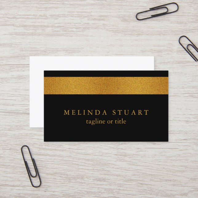 Faux Gold Foil Striped Elegant Black Chic Business Card (Front/Back In Situ)