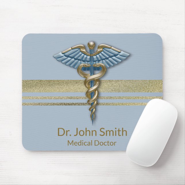 Faux Gold Foil Stripes Light Blue Caduceus Medical Mouse Mat (With Mouse)
