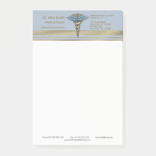 Faux Gold Foil Stripes Light Blue Caduceus Medical Post-it Notes (Front)