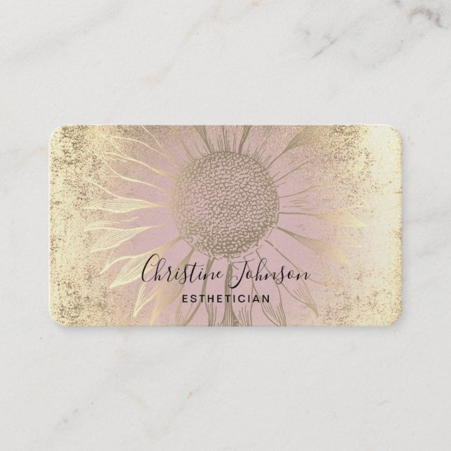 faux gold foil sunflower on pink business card (Front)