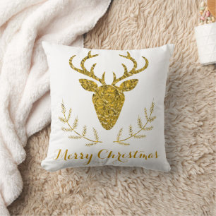 Faux Gold Foil Textured Deer Head Christmas Cushion