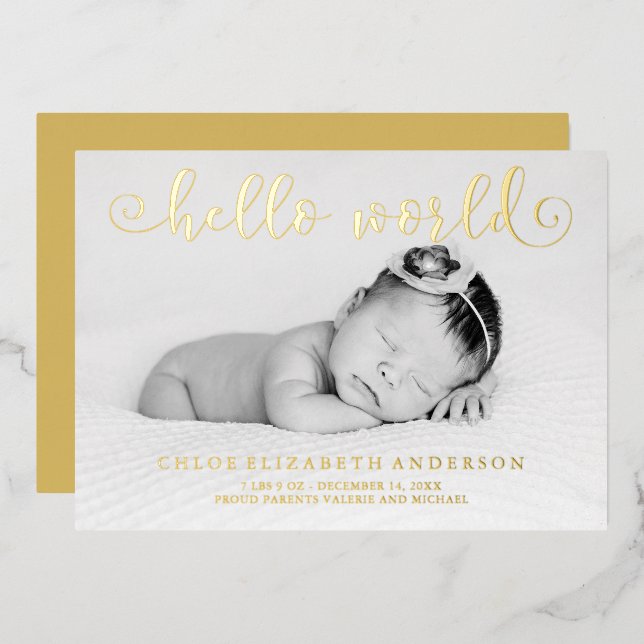 Faux Gold Foil Typography Photo Baby Announcements (Front/Back)