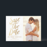 Faux Gold Foil Typorgraphy and Polka Dots Photo Save The Date<br><div class="desc">Announce your wedding to your family and friends with this modern and stylish save the date announcement. The customisable save the date announcement features faux gold foil bold typography and festive dots pattern. Personalise the back of the card by adding your photo or other patterns.</div>