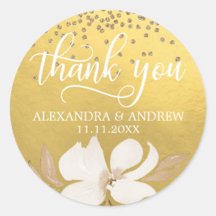 Faux Gold Foil Watercolor Floral Wedding Thank You Classic Round Sticker