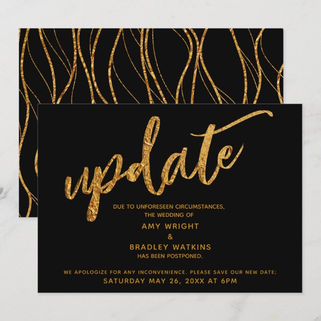 Faux Gold Foil Waves Postponed Wedding Black Card (Front/Back)