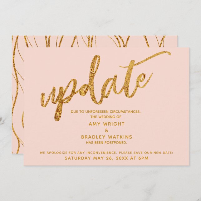 Faux Gold Foil Waves Postponed Wedding Blush Card (Front/Back)