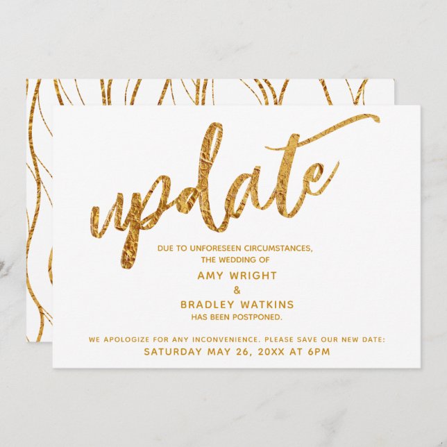 Faux Gold Foil Waves Postponed Wedding White Card (Front/Back)