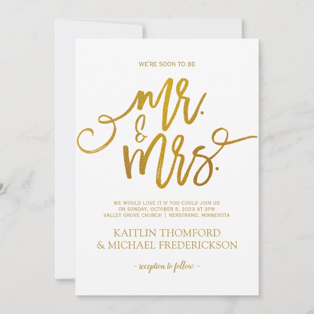 Faux Gold Foil Wedding Invitations | Brush Script (Front)