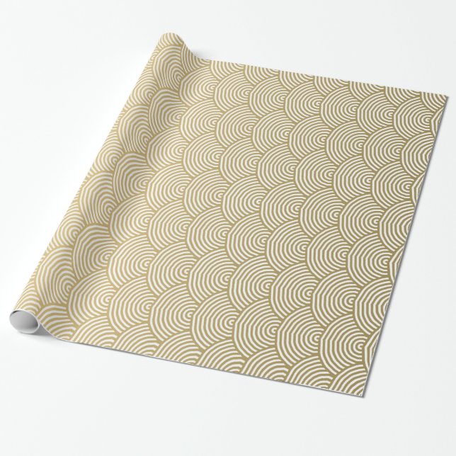 Faux Gold Foil White Circle Fan Pattern Wrapping Paper (Unrolled)