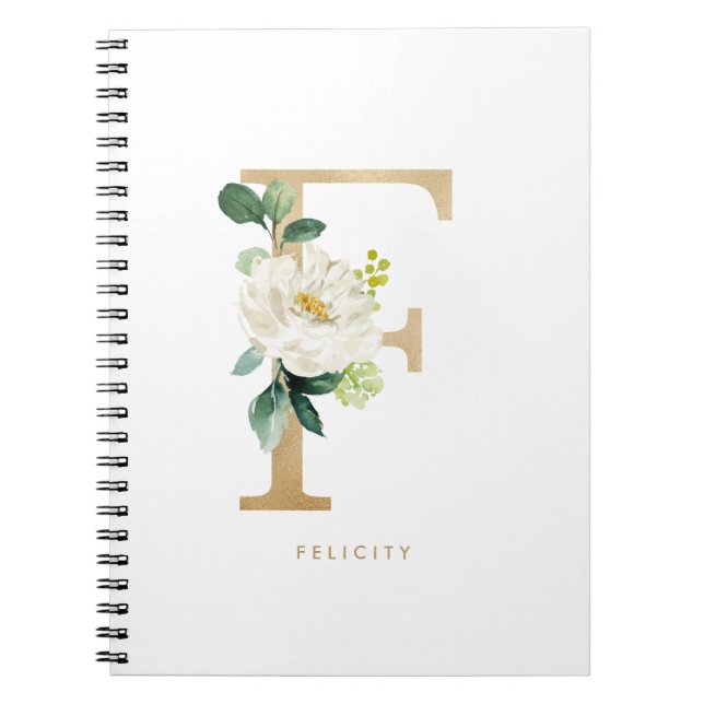 Faux Gold Foil White Flower Letter F Monogram Notebook (Front)