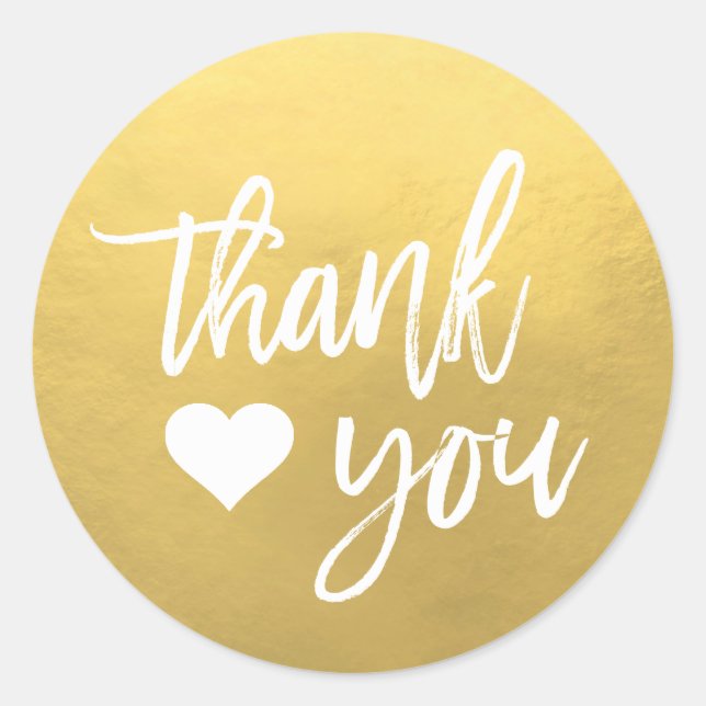 Faux GOLD FOIL White Heart Thank You Classic Round Sticker (Front)
