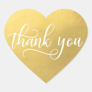 Faux GOLD FOIL White Script Calligraphy Thank You Heart Sticker