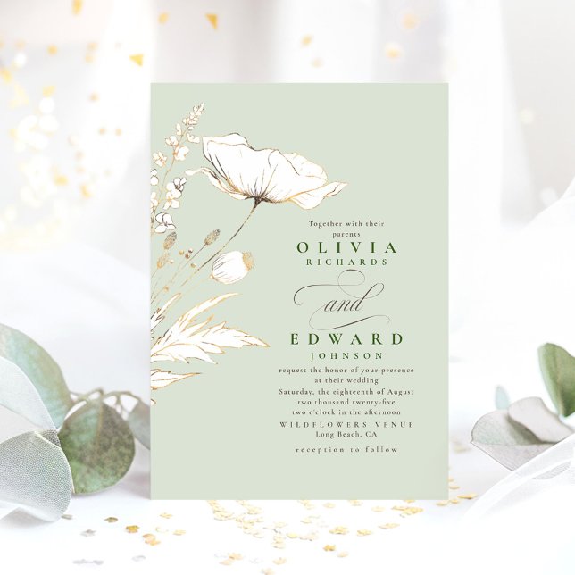 Faux Gold Foil Wildflowers Sage Green Wedding Invitation (Soft Green Wildflowers Wedding Invitation )