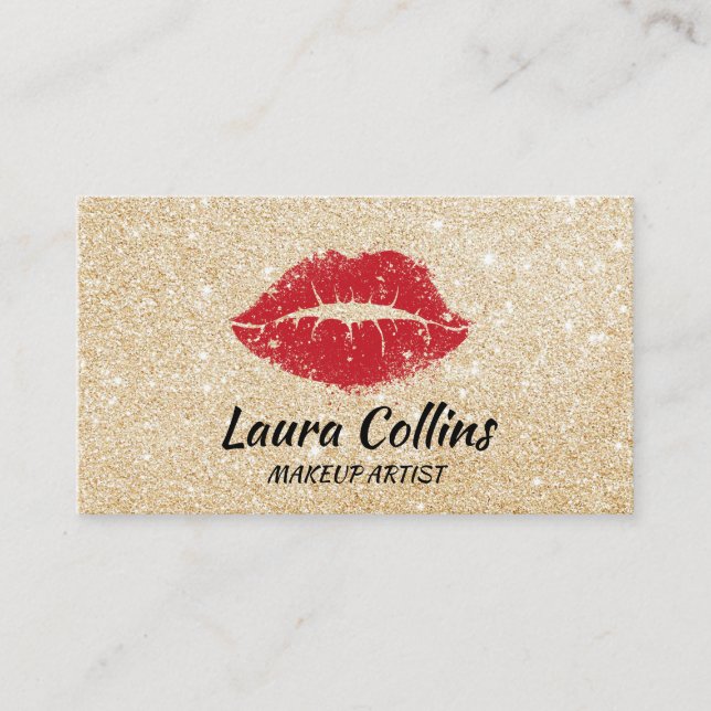 Faux gold foil with red lips makeup artist kiss business card (Front)