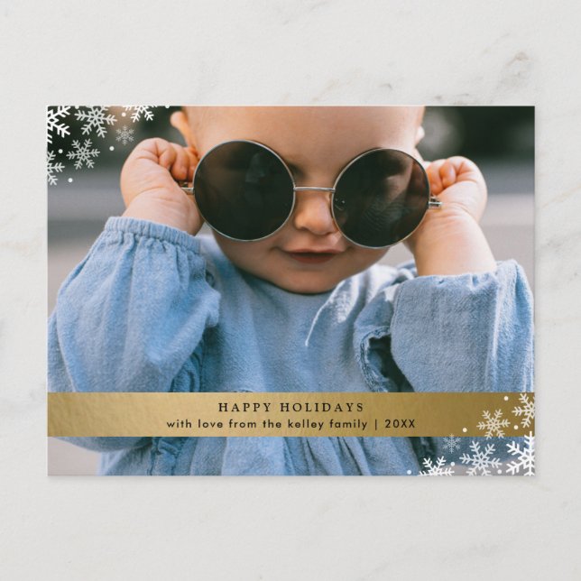 Faux Gold Foil with Snowflakes Holiday Photo Postcard (Front)