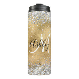 Faux Gold Foil with Sparkly Glitter Monogram Thermal Tumbler