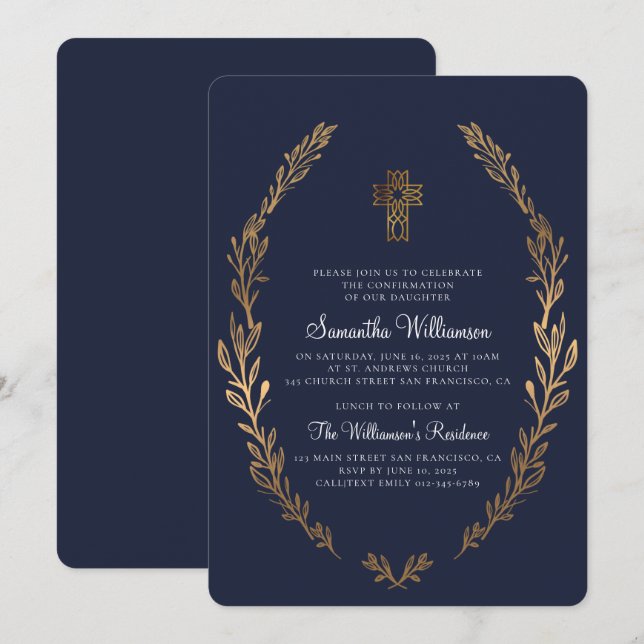 Faux Gold Foliage Blue Confirmation Invitation (Front/Back)