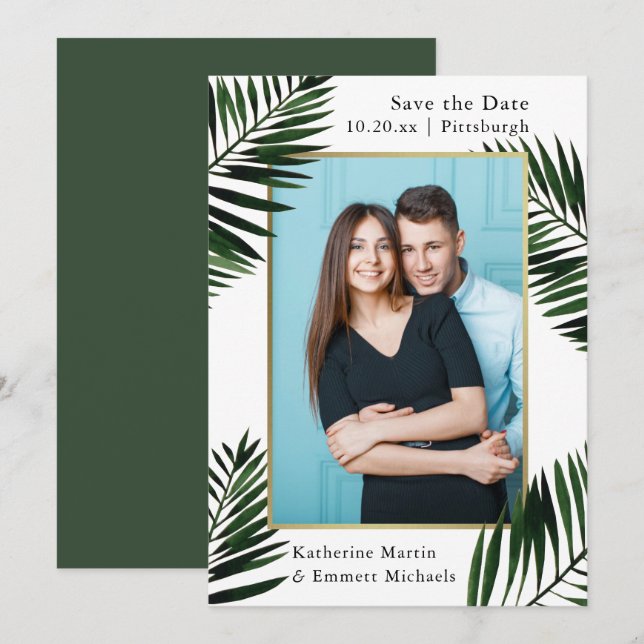 Faux Gold Frame Green Wedding Save the Date Photo (Front/Back)