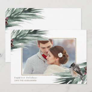 Faux Gold Frame Happy Holidays Winter Greenery Holiday Card