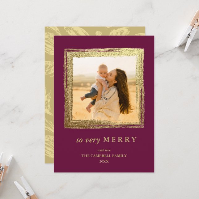 Faux Gold Frame Holidays Christmas Photo Burgundy Card (Front/Back In Situ)