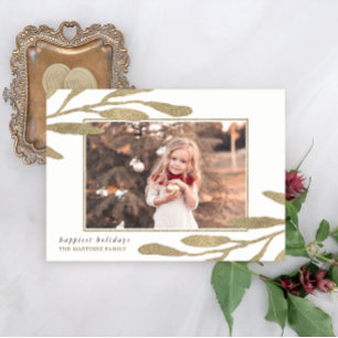 Faux Gold Frame with Botanical Leaves Photo Holiday Card