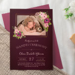 Faux Gold Frames Blush Burgundy Naming Ceremony Invitation<br><div class="desc">Floral naming ceremony invitation printed with a photo of your child inside a geometric frame printed with a faux gold effect and decorated with blush pink and deep plum flowers against a dark burgundy background.</div>