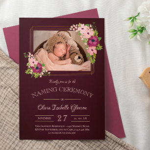 Faux Gold Frames Blush Burgundy Naming Ceremony Invitation