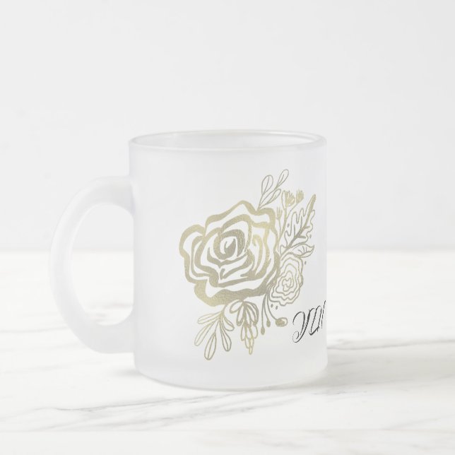 Faux Gold French Rose Floral Frosted Glass Coffee Mug (Left)