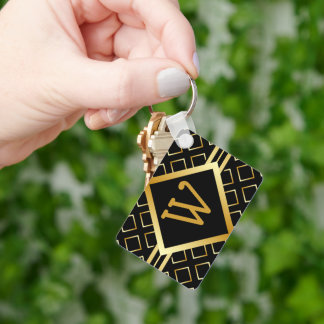 FAUX Gold Geometric INITIAL only Pattern on BLACK Key Ring