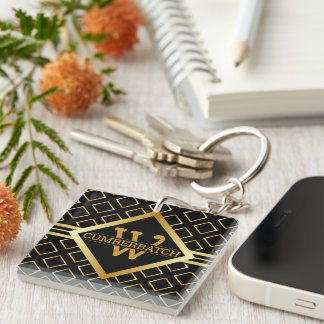 FAUX Gold Geometric Pattern MONOGRAM on BLACK Key Ring