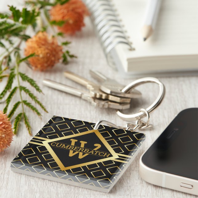 FAUX Gold Geometric Pattern MONOGRAM on BLACK Key Ring (Front Right)